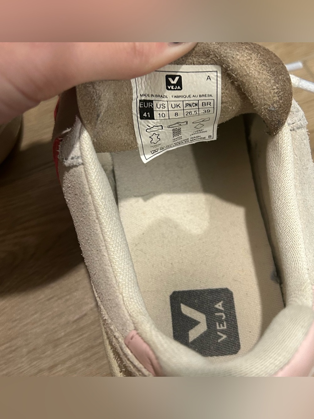 Veja Women’s Sneakers in Off-White with Pink Heel and Red V - Picture 7 of 7